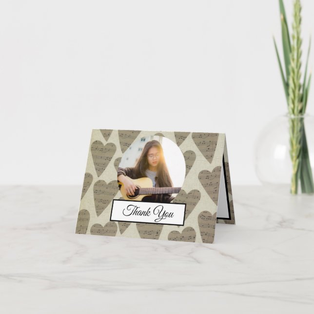 Music Note Heart Pattern Theme Musician Photo Thank You Card (Front)