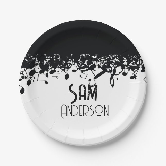 Music Note Luxury black and white Personalised Paper Plate (Front)