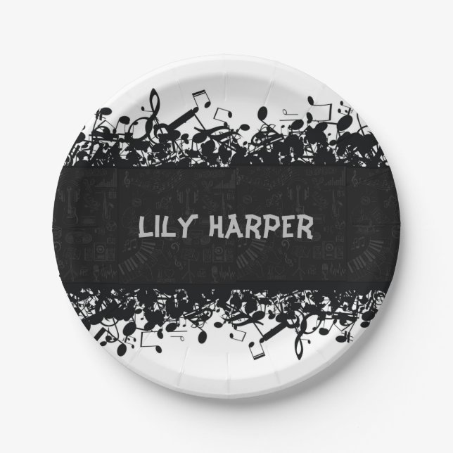 Music Note Luxury black and white Personalised Paper Plate (Front)