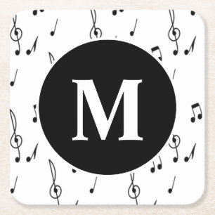 music note Pattern Treble Clef Monogram  Square Paper Coaster