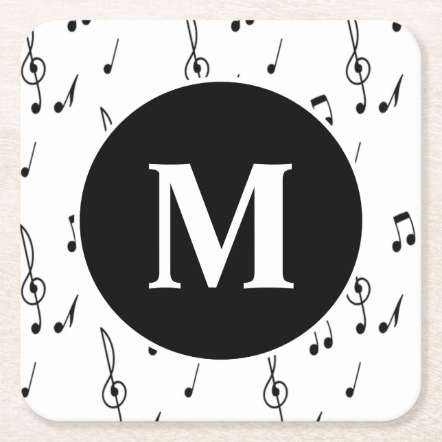 music note Pattern Treble Clef Monogram  Square Paper Coaster (Front)