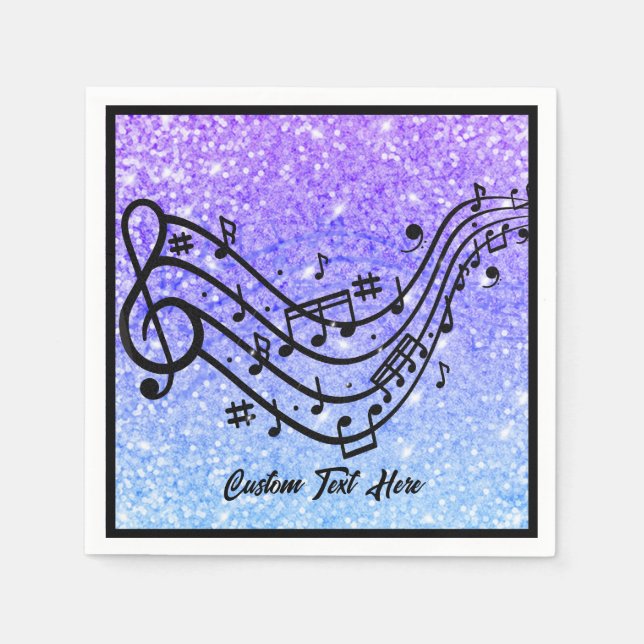 Music Note Purple Blue Glitter Sparkle Personalise Napkin (Front)