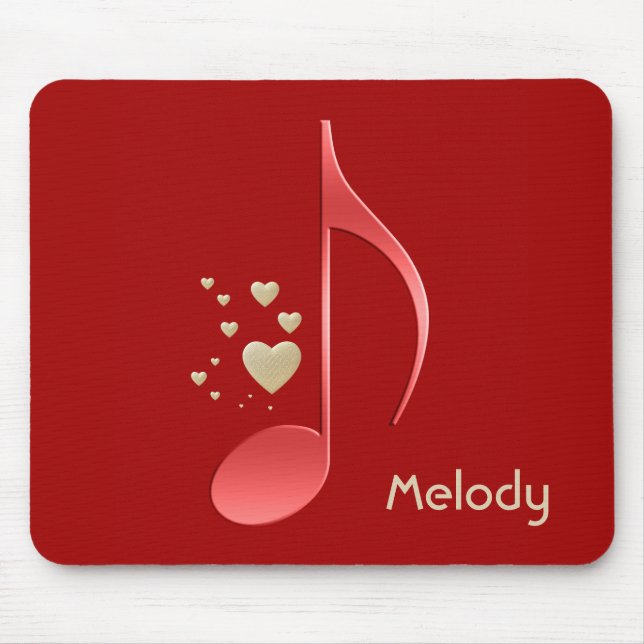 Music Note Red Gold Hearts Monogrammed Mouse Mat (Front)
