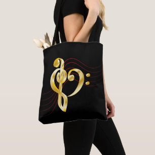 Music note stave and heart violin and bass clef tote bag