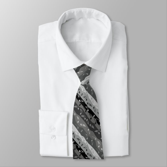 Music Note Stripes Black and Grey Neck Tie (Tied)