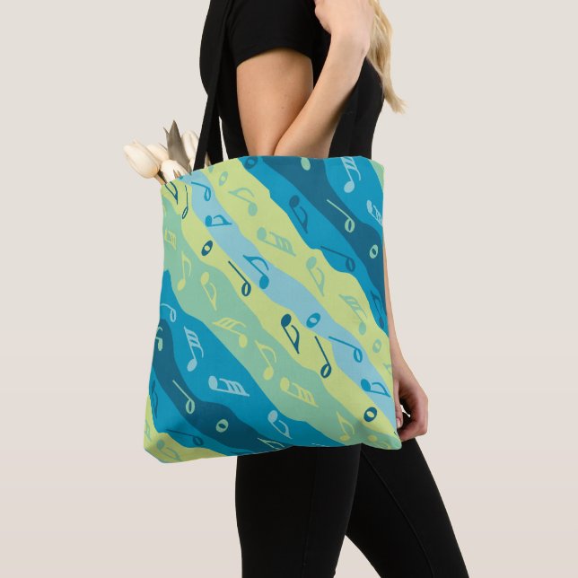 Music Note Stripes Blue and Green Tote Bag (Close Up)