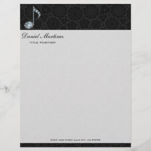Music Note White Diamonds Over Black Personalized Letterhead