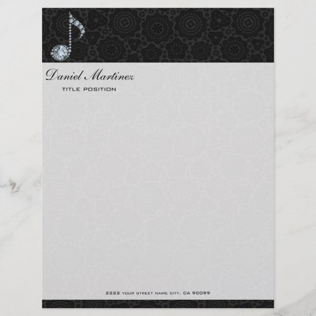 Music Note White Diamonds Over Black Personalized Letterhead (Front)