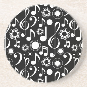 Music Notes and Clefs - White on Black Coaster