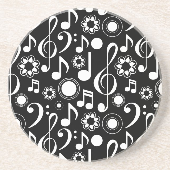 Music Notes and Clefs - White on Black Coaster (Front)