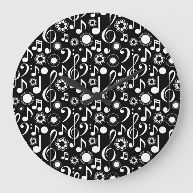 Music Notes and Clefs - White on Black Large Clock (Front)