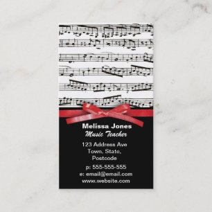Music notes and faux red ribbon bow business card