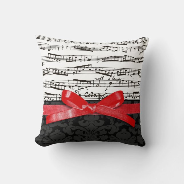 Music notes and faux red ribbon cushion (Front)