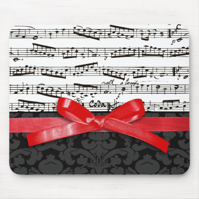 Music notes and faux red ribbon mouse mat (Front)