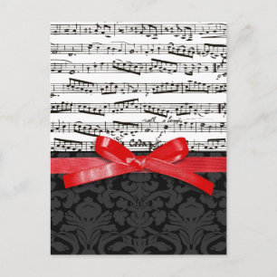 Music notes and faux red ribbon postcard