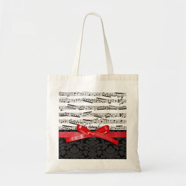 Music notes and faux red ribbon tote bag (Front)