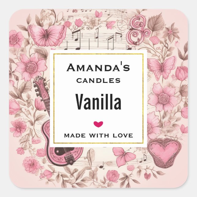 Music Notes and Flowers Retro Candle Business Square Sticker (Front)