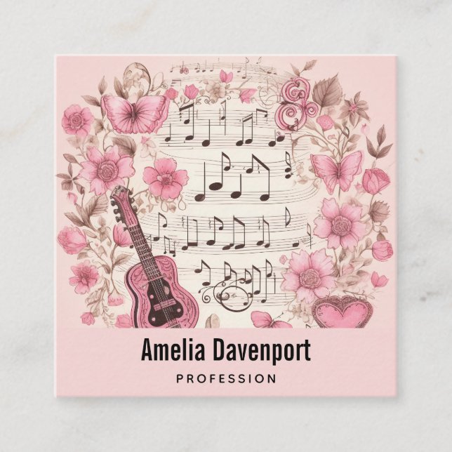 Music Notes and Flowers Retro Elegant Square Business Card (Front)