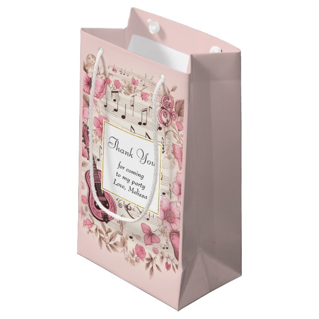 Music Notes and Flowers Retro Party Thank You Small Gift Bag (Front Angled)