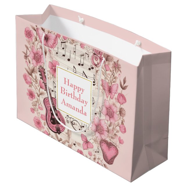 Music Notes and Flowers Retro Style Birthday Large Gift Bag (Back Angled)