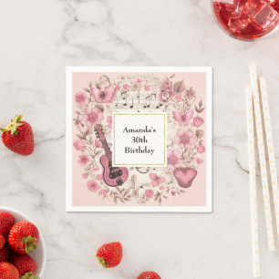 Music Notes and Flowers Retro Style Birthday Napkin