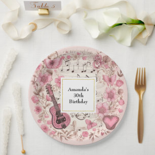 Music Notes and Flowers Retro Style Birthday Paper Plate