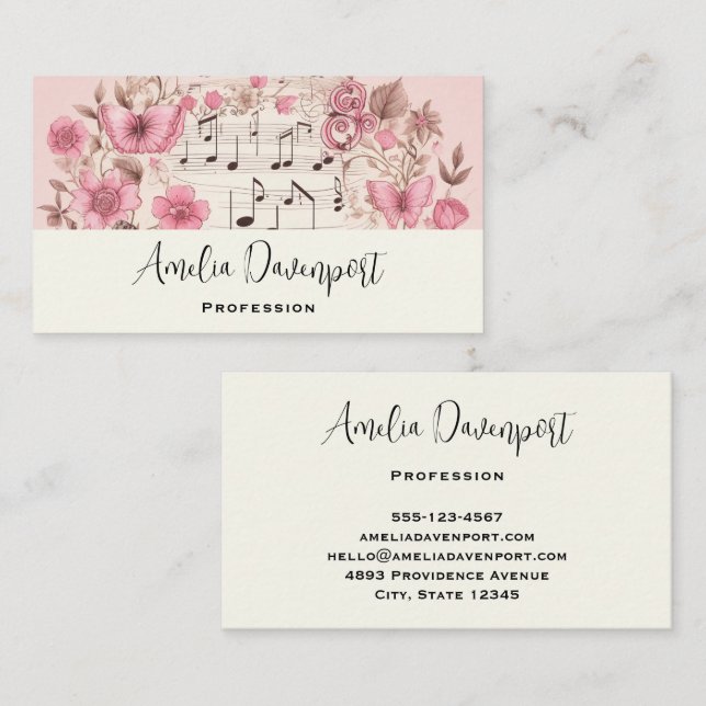 Music Notes and Flowers Retro Style Business Card (Front/Back)