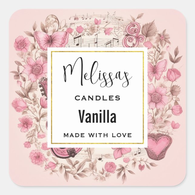 Music Notes and Flowers Retro Style Candle Biz Square Sticker (Front)