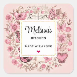 Music Notes and Flowers Retro Style Kitchen Square Sticker
