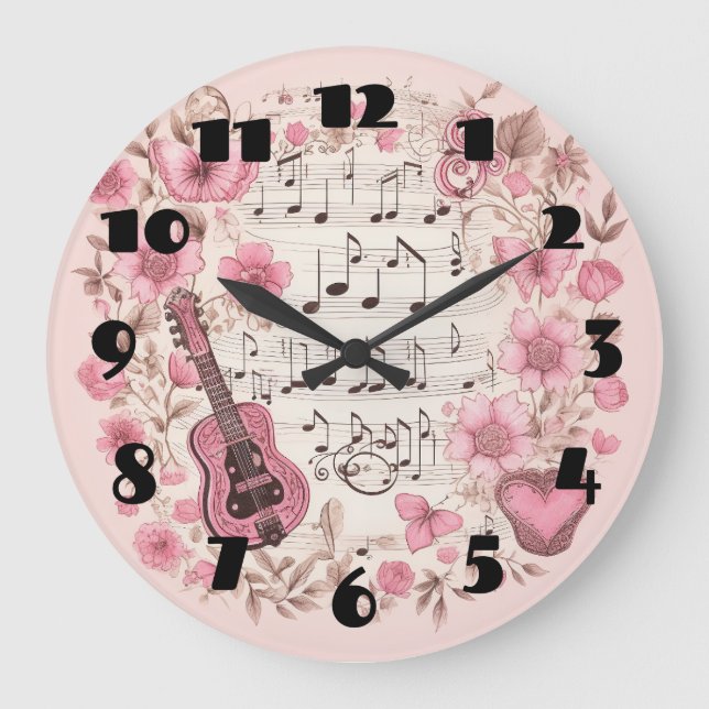 Music Notes and Flowers Retro Style Large Clock (Front)