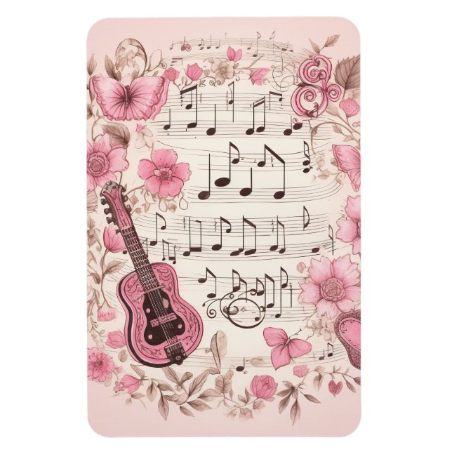 Music Notes and Flowers Retro Style Magnet (Vertical)