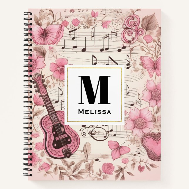 Music Notes and Flowers Retro Style Monogram Notebook (Front)
