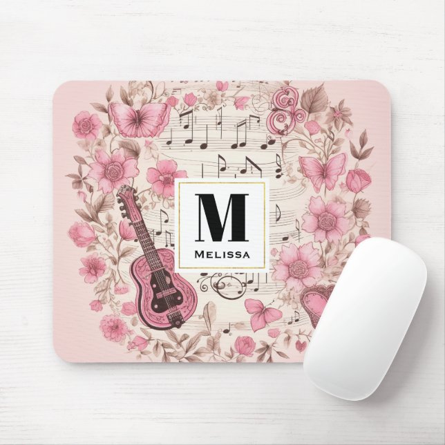 Music Notes and Flowers Retro Style Mouse Mat (With Mouse)