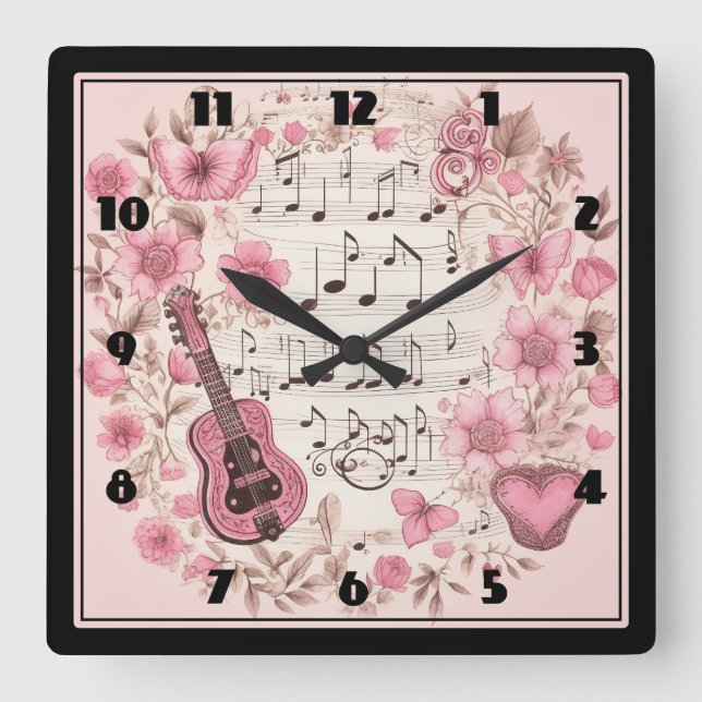 Music Notes and Flowers Retro Style Square Wall Clock (Front)