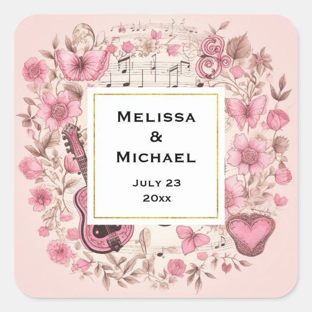 Music Notes and Flowers Retro Style Wedding Square Sticker (Front)