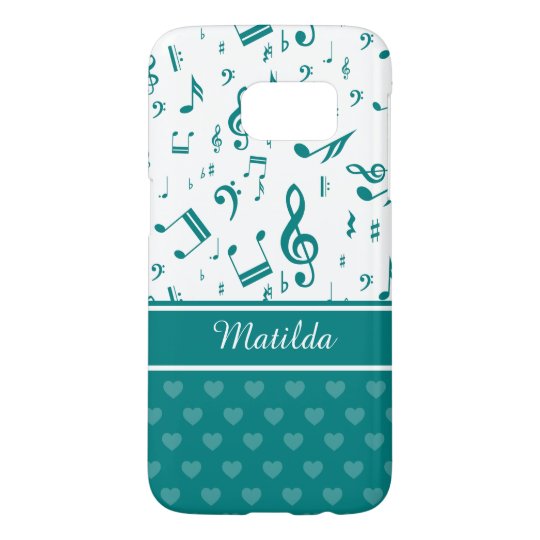 Music Notes and Hearts Pattern Teal and White