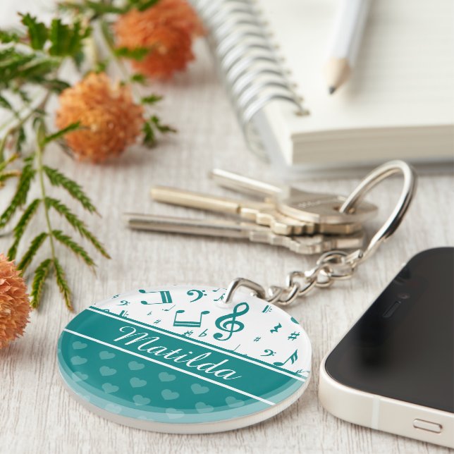 Music Notes and Hearts Pattern Teal and White Key Ring (Front Right)