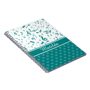 Music Notes and Hearts Pattern Teal and White Notebook