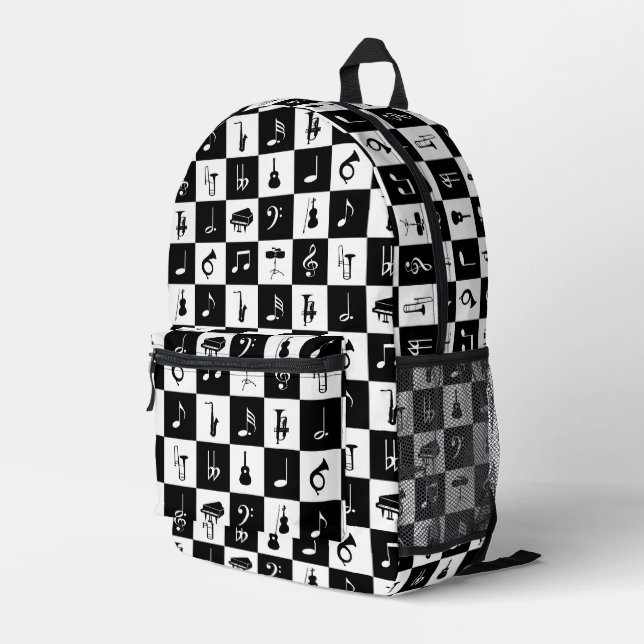 Music Notes and Instruments on squares Printed Backpack (Back Corner Right)