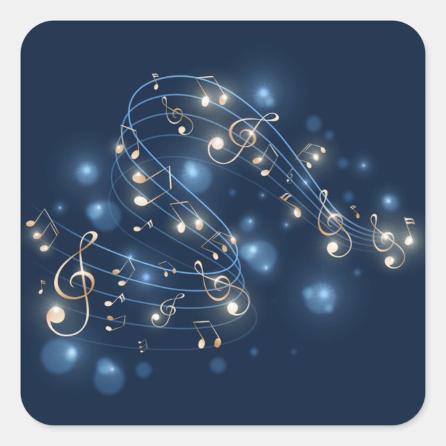 Music Notes and Lights On Blue Square Sticker (Front)
