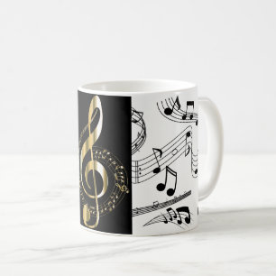 Music Notes Black White Faux Gold Clef Musician Coffee Mug