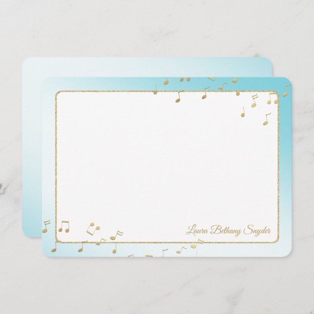 Music Notes Blue and Gold Flat Thank You Invitation (Front/Back)