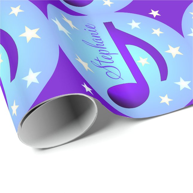 Music Notes Blue Circles Stars Purple Personalised Wrapping Paper (Roll Corner)