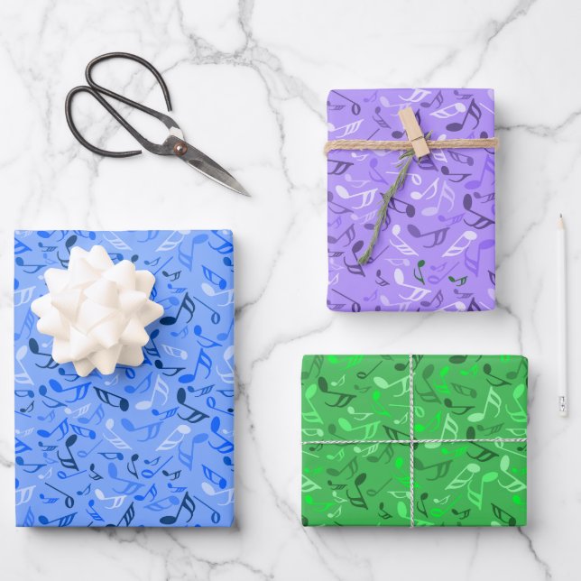Music Notes Blue Green Purple Wrapping Paper Sheet (Front)