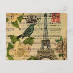 music notes camellia french paris eiffel tower postcard