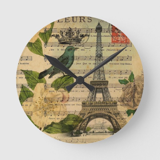 music notes camellia french paris eiffel tower round clock (Front)