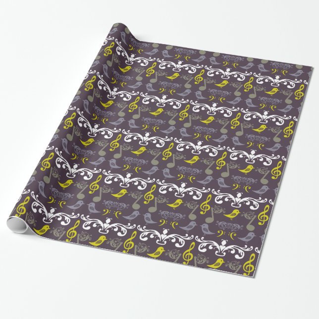 Music Notes, Clefs and Birds Wrapping Paper (Unrolled)