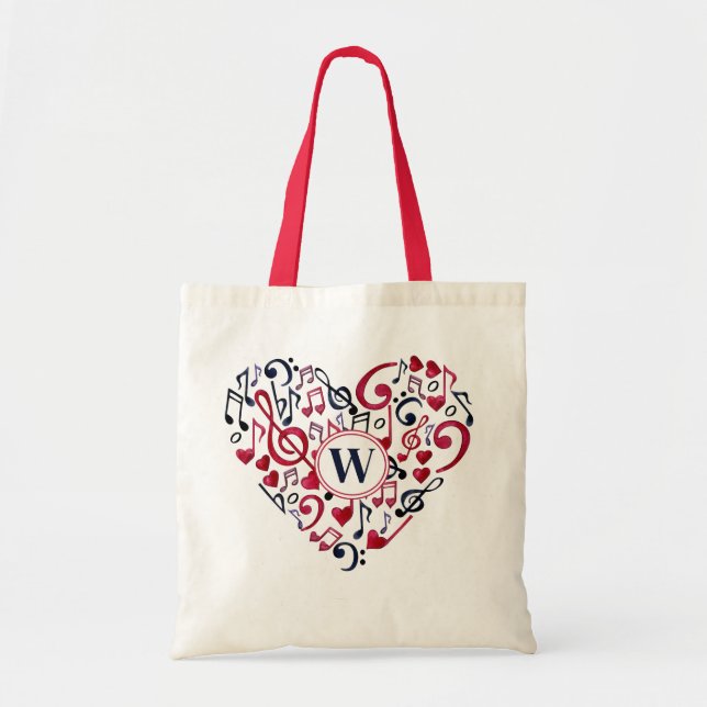 Music Notes Clefs Musical Love Heart Monogram Tote Bag (Front)