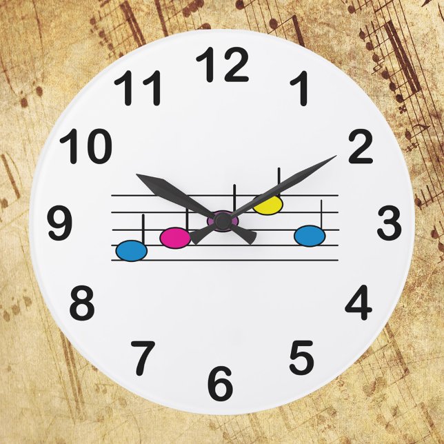 Music Notes Colourful Staff Numbers Large Clock (A fun clock with a picture of colorful music notes)