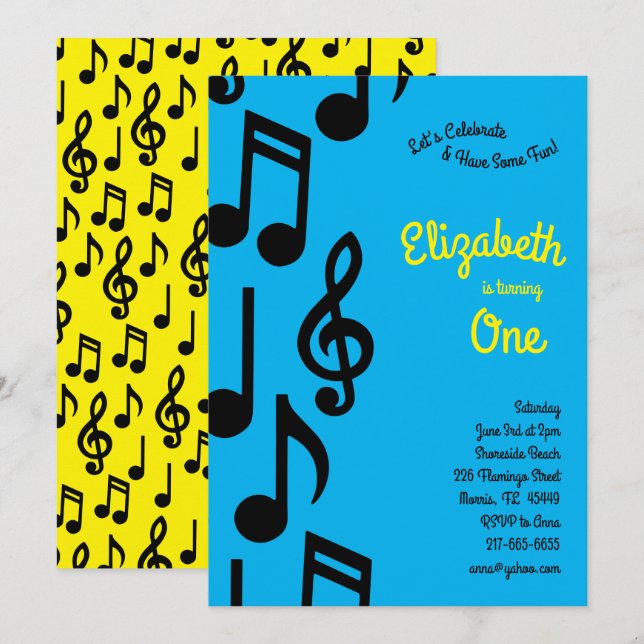 Music Notes Cute Kids 1st Birthday Party Invitation (Front/Back)